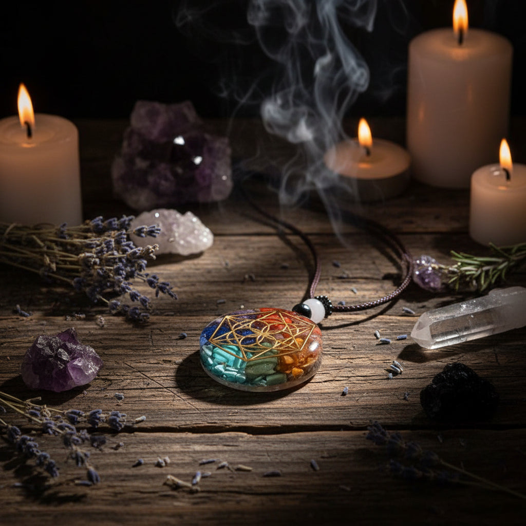 A round pendant necklace featuring a gold-colored geometric flower design over a multicolored resin background with red, orange, blue, and green hues. The pendant is suspended from a dark brown cord with white and black beads, set against a black background.