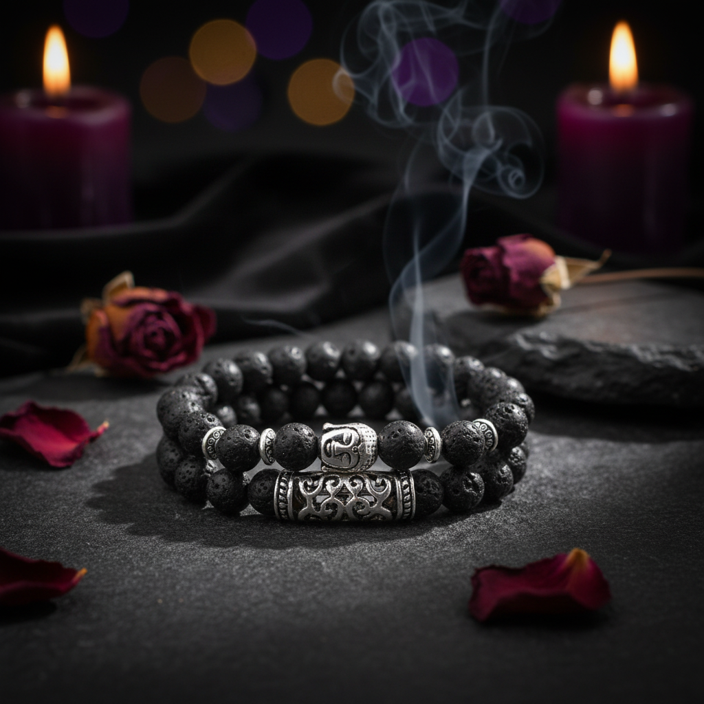 Black beaded bracelet with silver Buddha charm on a white background