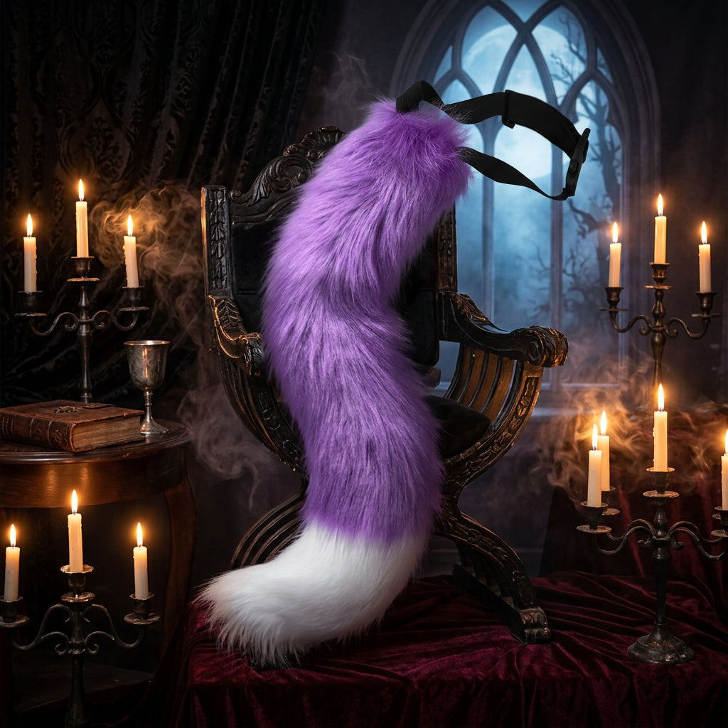 Purple faux fur tail with a black band on a white background