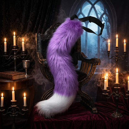 Purple faux fur tail with a black band on a white background