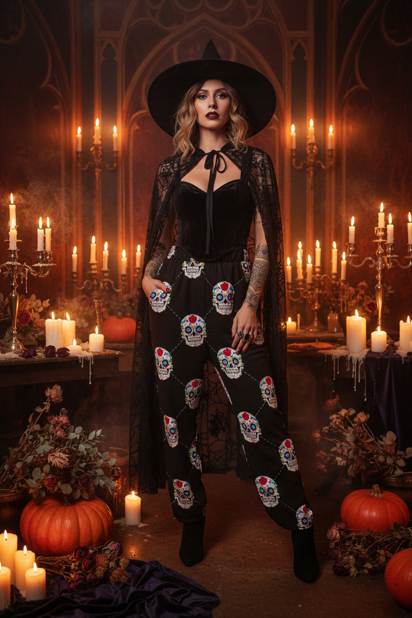 Skull Pattern Lace-Up Women's Overalls Jumpsuit Sorceress Sanctuary