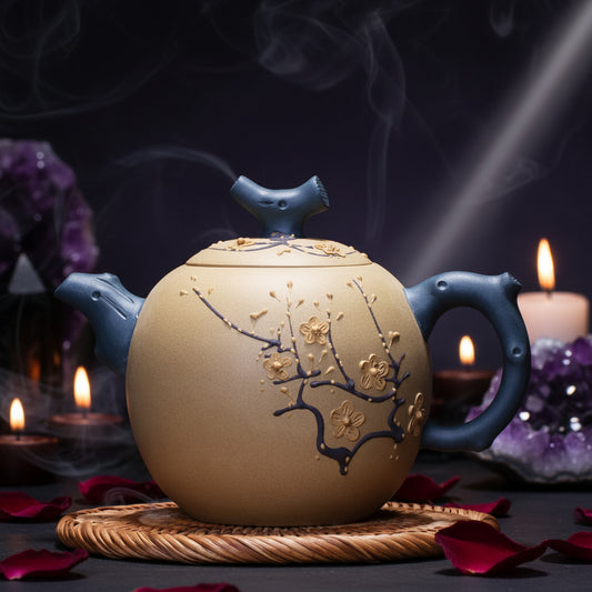 Ceramic teapot with blue handle and lid on a wooden surface, featuring floral design.