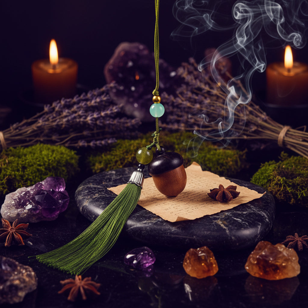A hanging acorn ornament with a green tassel, green and light blue beads, and a dark brown top, photographed in front of green leaves against a soft gray background.