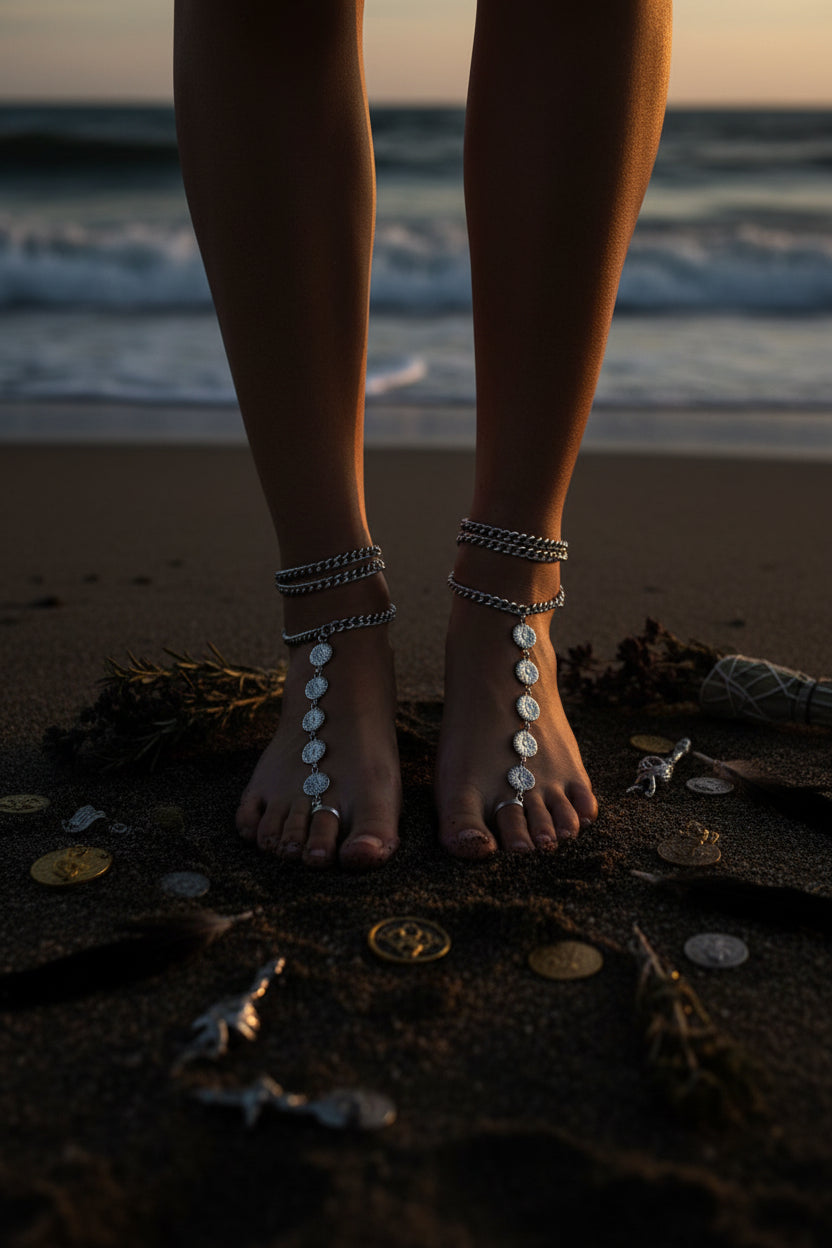 Silver anklets on feet against a sandy background