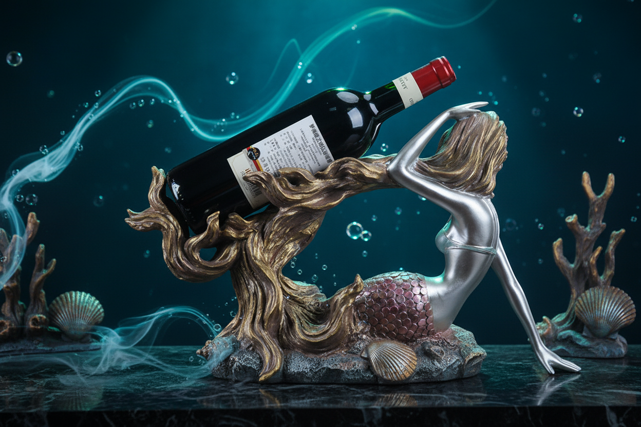 A decorative wine bottle holder sculpture shaped like a dancing figure, holding a dark wine bottle. The sculpture has a metallic gold and silver finish with a pink glittery base, set against a neutral background with floral arrangements on either side.