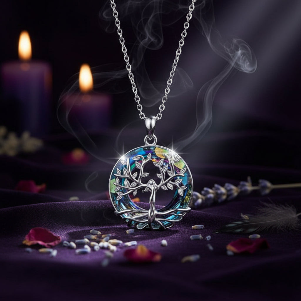 Exquisite Tree of Life Round Crystal Pendant Necklace Sorceress Sanctuary