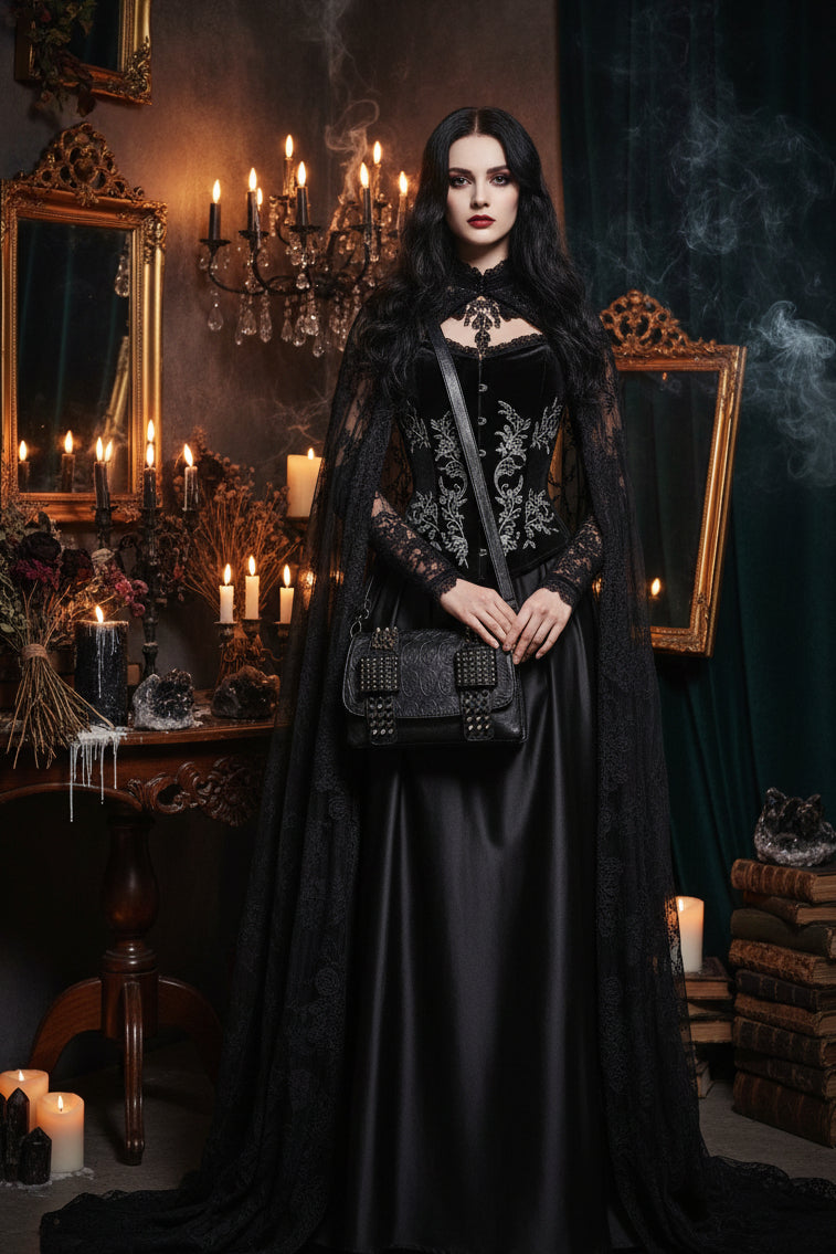 A black shoulder bag with a crocodile-embossed texture and silver-tone studs, shown in a styled interior setting. The image includes a smaller inset view of the bag from the back and decorative text on the right side.