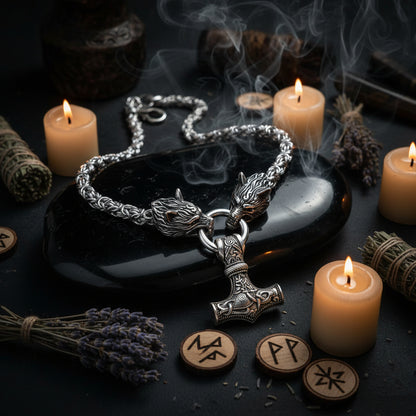 Silver necklace with Thor's hammer and wolf heads on a white background