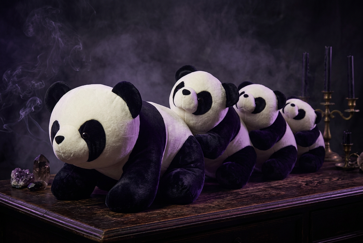 Four panda plush toys arranged on a light blue couch.