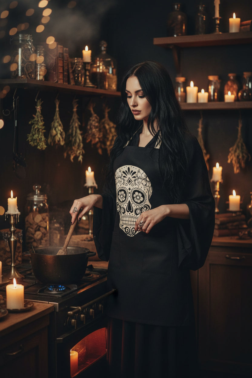 Black apron with a white skull design on a white background