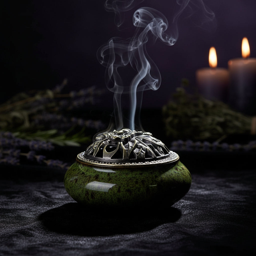 A ceramic incense burner with a glossy green and black mottled glaze, featuring a silver-toned metal floral filigree lid, resting on a rustic wooden surface against a black background.