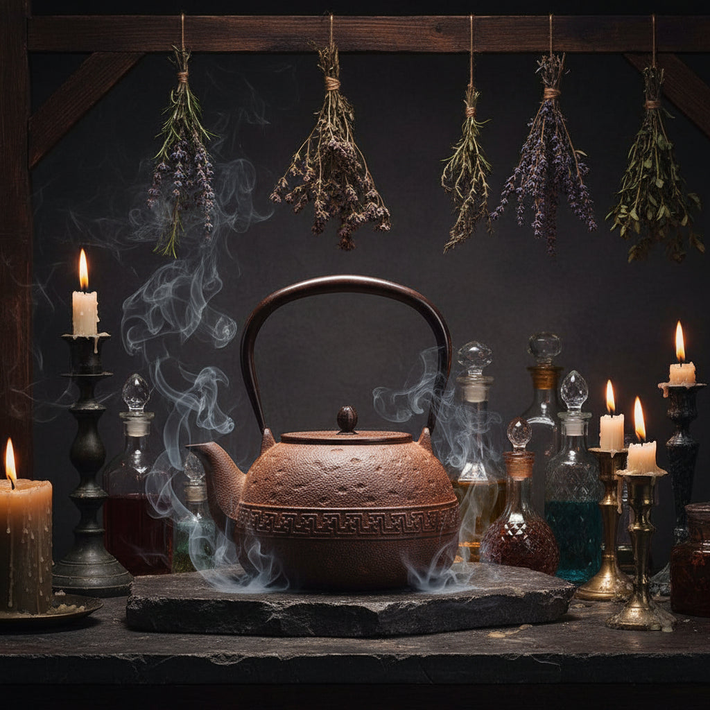 A dark brown textured ceramic teapot with a matching lid and handle, featuring a decorative geometric band around the middle, set against a dark background with a small green plant leaf in the corner.