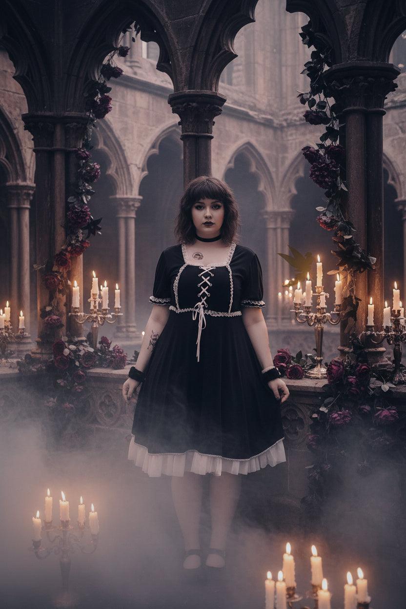 Person wearing a black and white dress with lace details, standing outdoors.