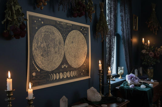 Poster of The Earth's Moon with detailed lunar surface and phases on a black background.