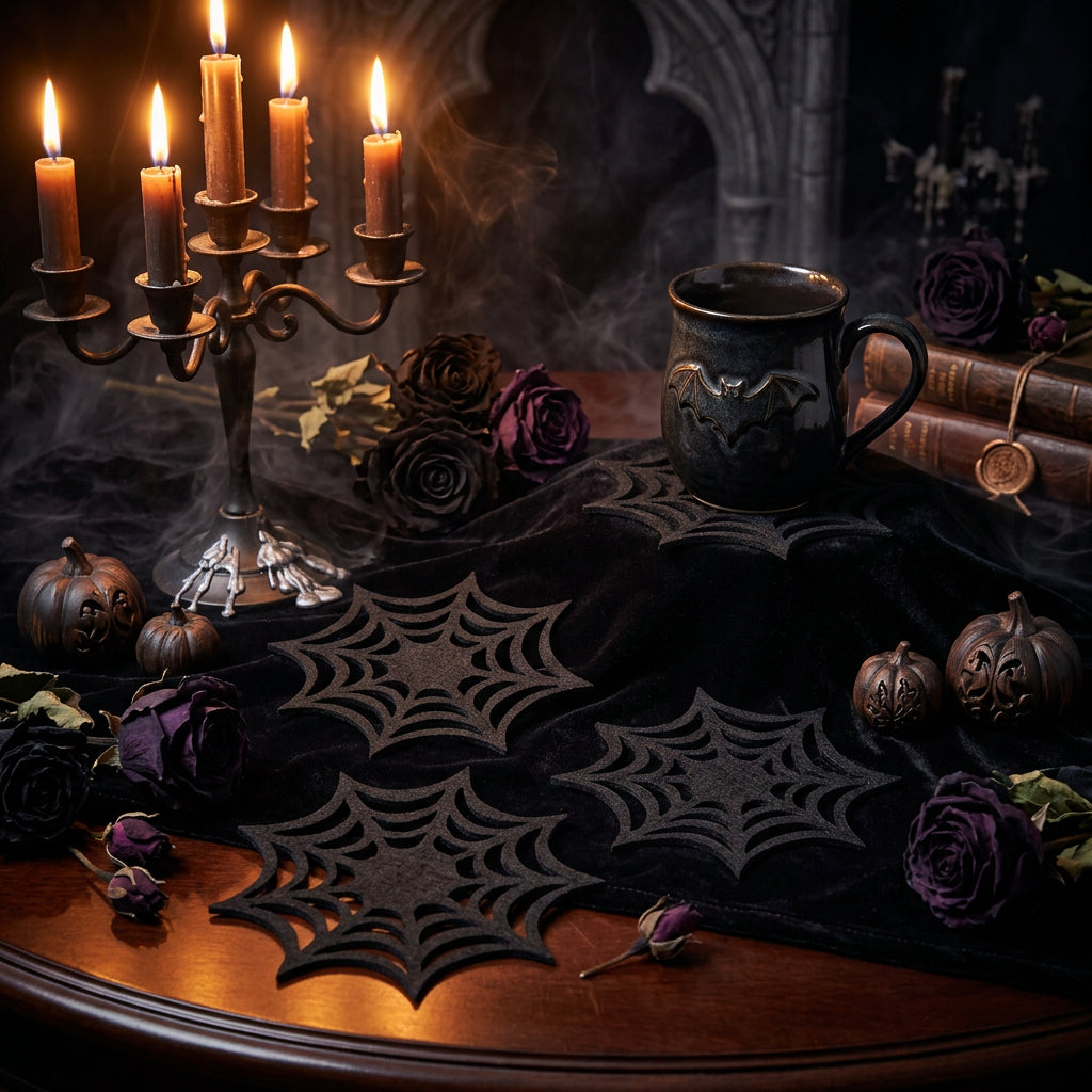 Halloween Felt Spider Web Coasters for Party Decor Sorceress Sanctuary