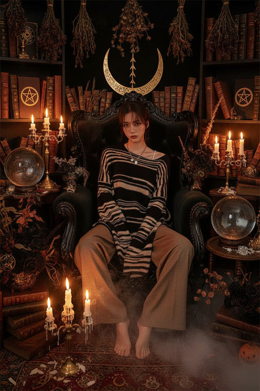 Person wearing a black and beige striped sweater and brown pants sitting on a bed.