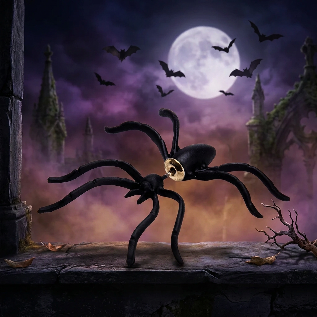 A black plastic toy spider pin with eight legs and a gold-tone metal center, shown on a plain white background.