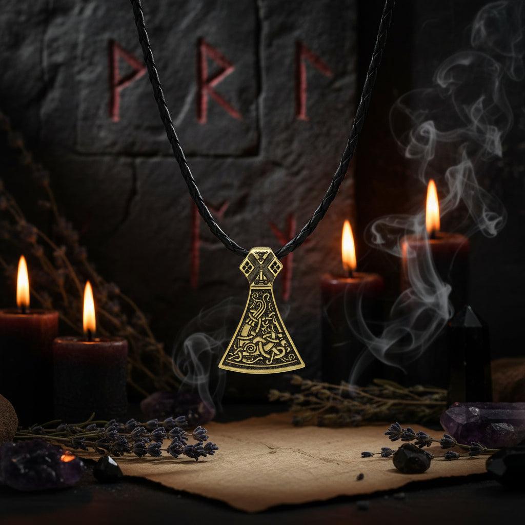 Bronze axe-shaped pendant on a black cord against a white background