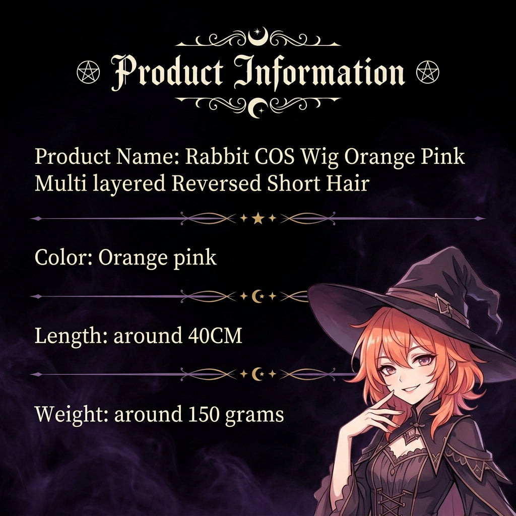 Product information card for a Rabbit COS wig, showing a large anime-style face illustration in the background, product text reading 'Product Name: Rabbit COS Wig Orange Pink Multi layered Reversed Short Hair', color 'Orange pink', length 'around 40CM', and weight 'around 150 grams', with a smaller photo of the wig on a model in the lower right.