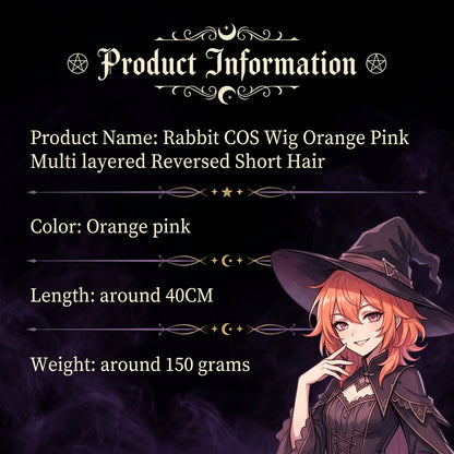 Product information card for a Rabbit COS wig, showing a large anime-style face illustration in the background, product text reading 'Product Name: Rabbit COS Wig Orange Pink Multi layered Reversed Short Hair', color 'Orange pink', length 'around 40CM', and weight 'around 150 grams', with a smaller photo of the wig on a model in the lower right.