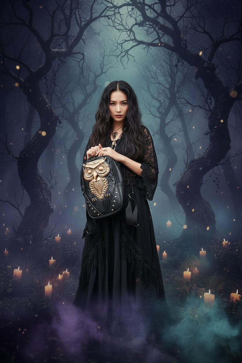Woman holding a black backpack with an owl design against a concrete wall.