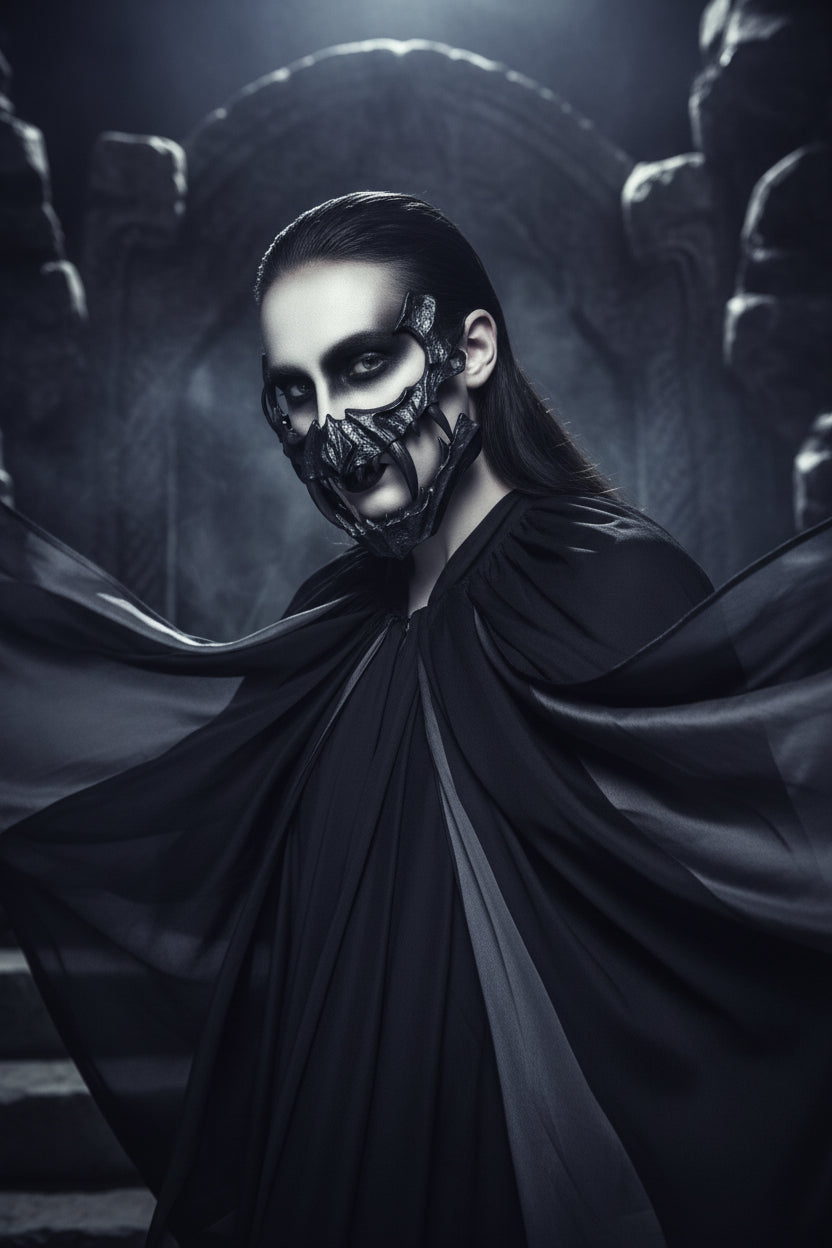 A black metal vampire or monster mouth mask with sharp teeth and curved horns, shown against a textured gray background.