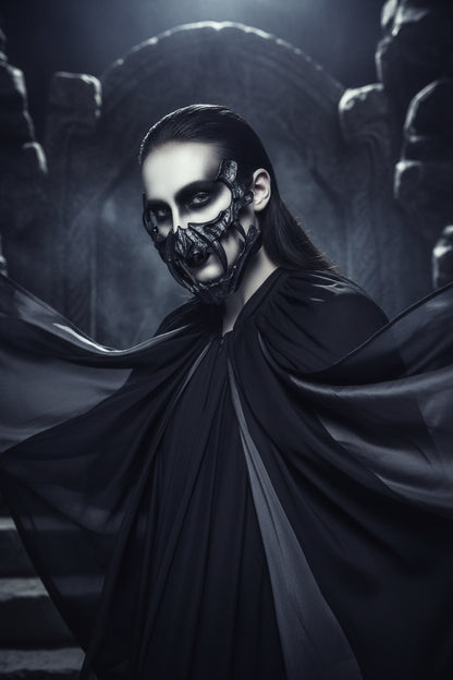 A black metal vampire or monster mouth mask with sharp teeth and curved horns, shown against a textured gray background.