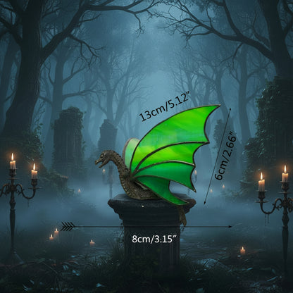 A green dragon figurine with outstretched wings, shown on a white background with black dimension arrows and text indicating 13cm/5.12" in wing span, 6cm/2.