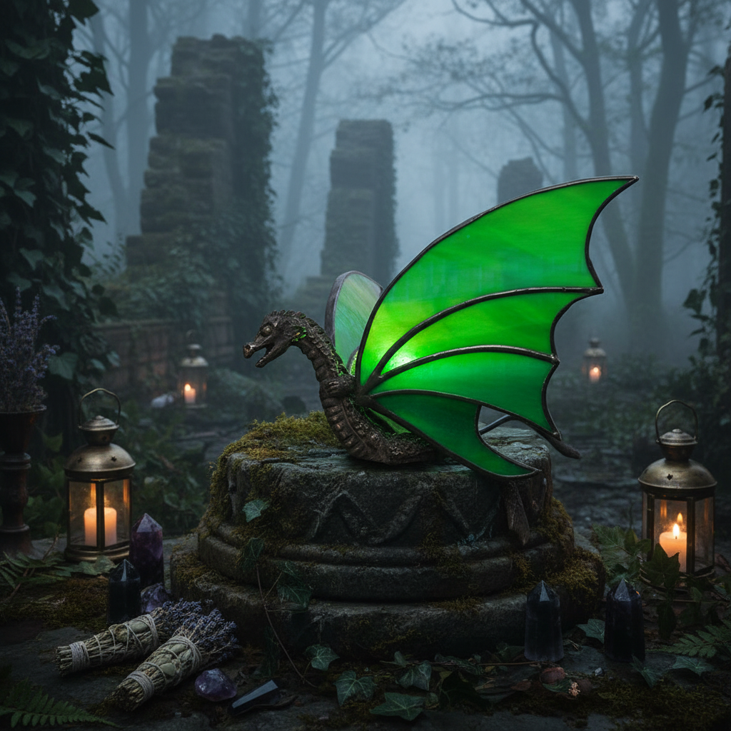 A green dragon figurine with outstretched wings, shown on a white background with black dimension arrows and text indicating 13cm/5.12" in wing span, 6cm/2.