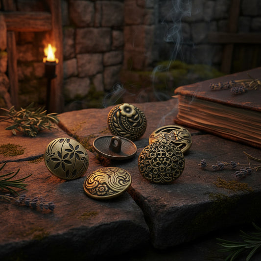 Six round antique bronze decorative buttons with intricate floral and scroll engravings, arranged on a plain white background.