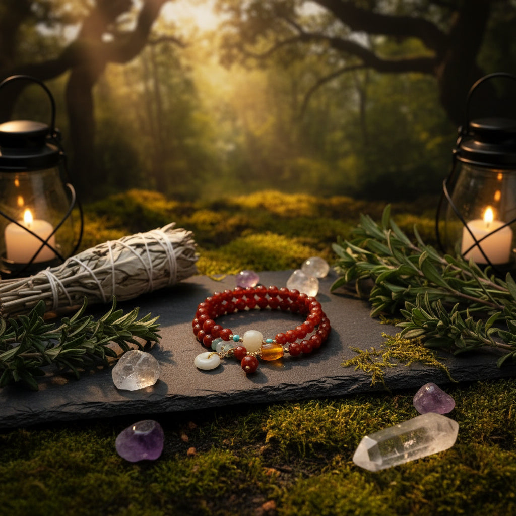 Beaded bracelet with decorative elements on a wooden stand with a natural background