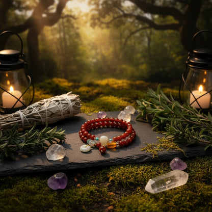Beaded bracelet with decorative elements on a wooden stand with a natural background