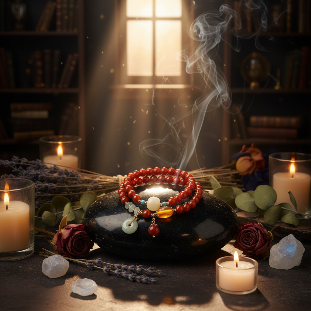 Beaded bracelet with decorative elements on a wooden stand with a natural background