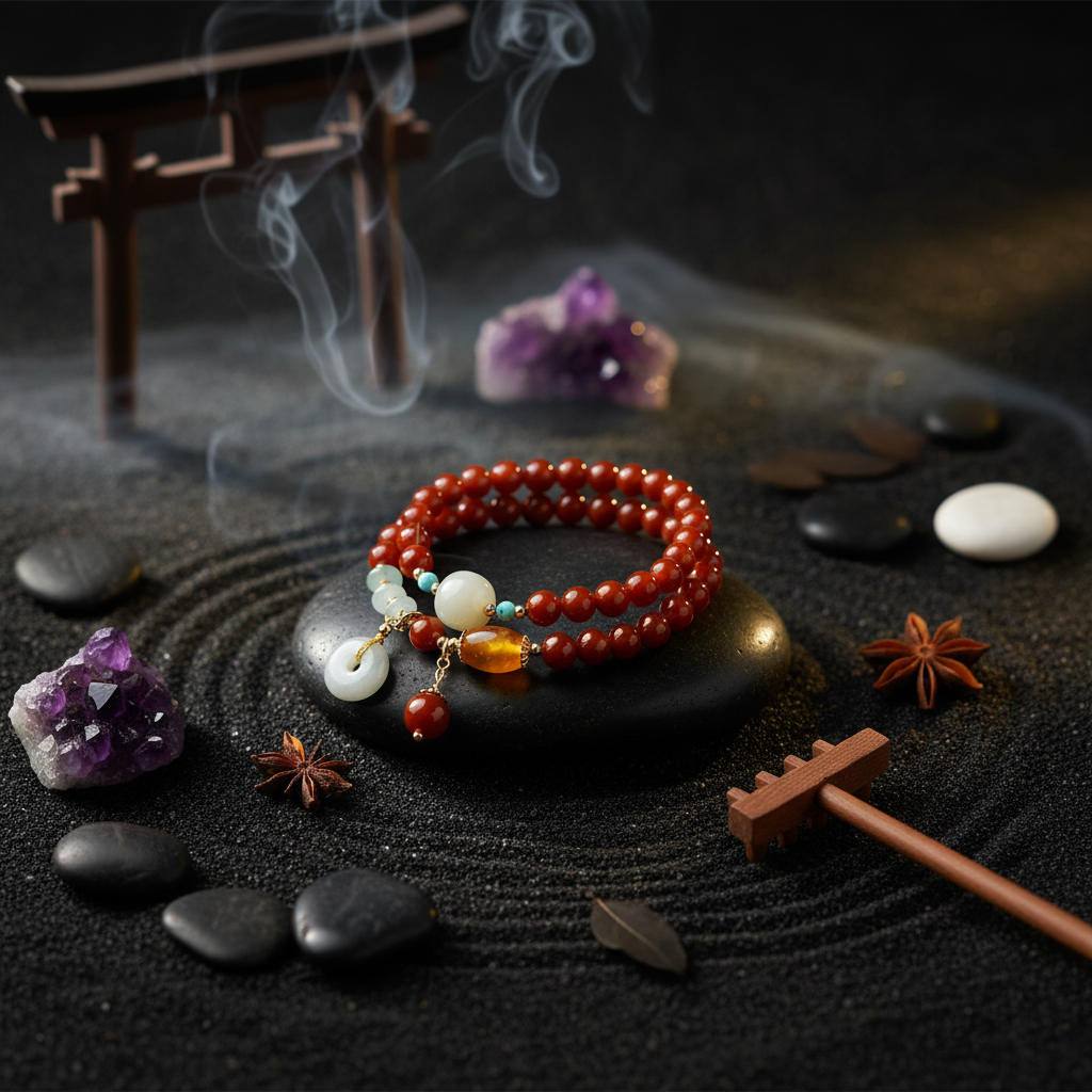 Beaded bracelet with decorative elements on a wooden stand with a natural background