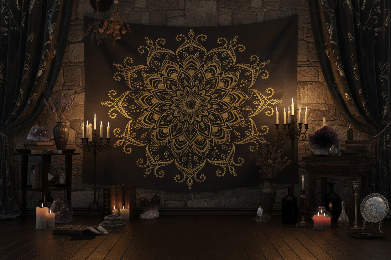 Black tapestry with gold mandala design hanging on a wall.