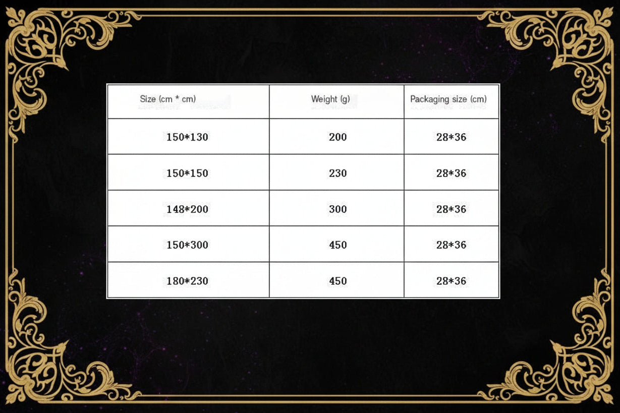 A size and weight chart table with columns for Size (cm * cm), Weight (g), and Packaging size (cm), listing combinations such as 150*130, 150*150, 148*200, 150*300, and 180*230.