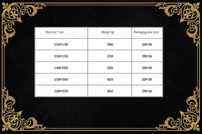 A size and weight chart table with columns for Size (cm * cm), Weight (g), and Packaging size (cm), listing combinations such as 150*130, 150*150, 148*200, 150*300, and 180*230.