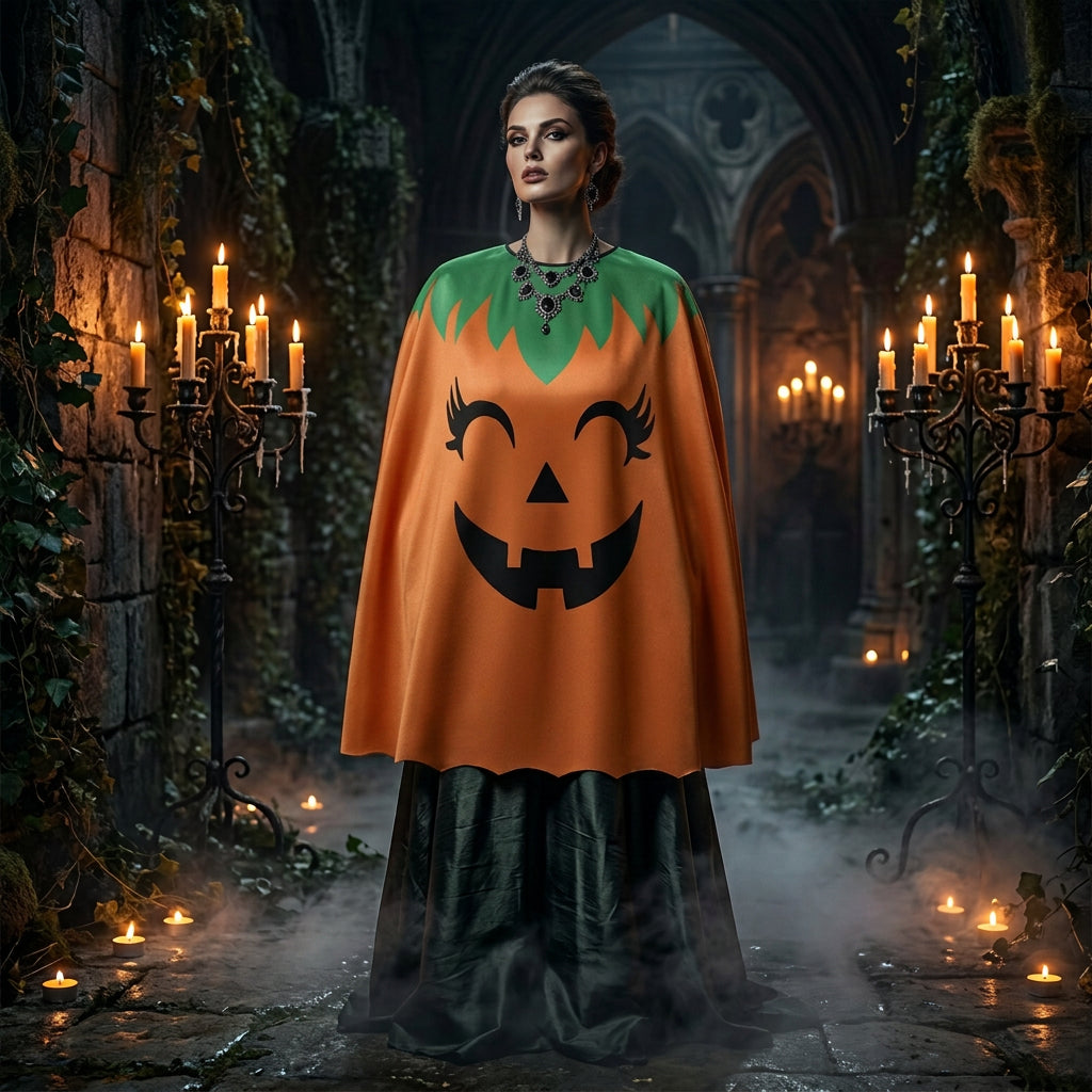 Orange cape with a pumpkin face design on a white background
