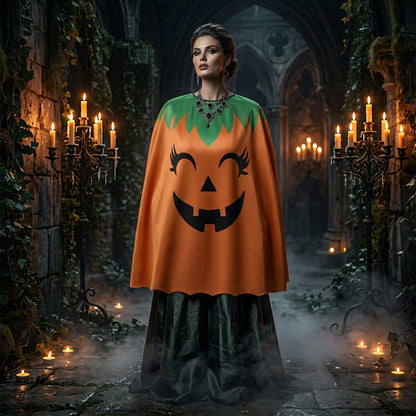 Orange cape with a pumpkin face design on a white background