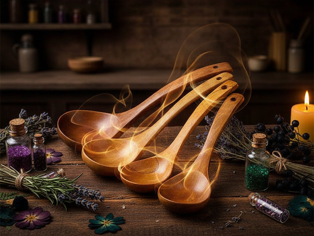 Set of wooden spoons on a white background