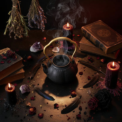 Black textured teapot with a gold handle on a black background
