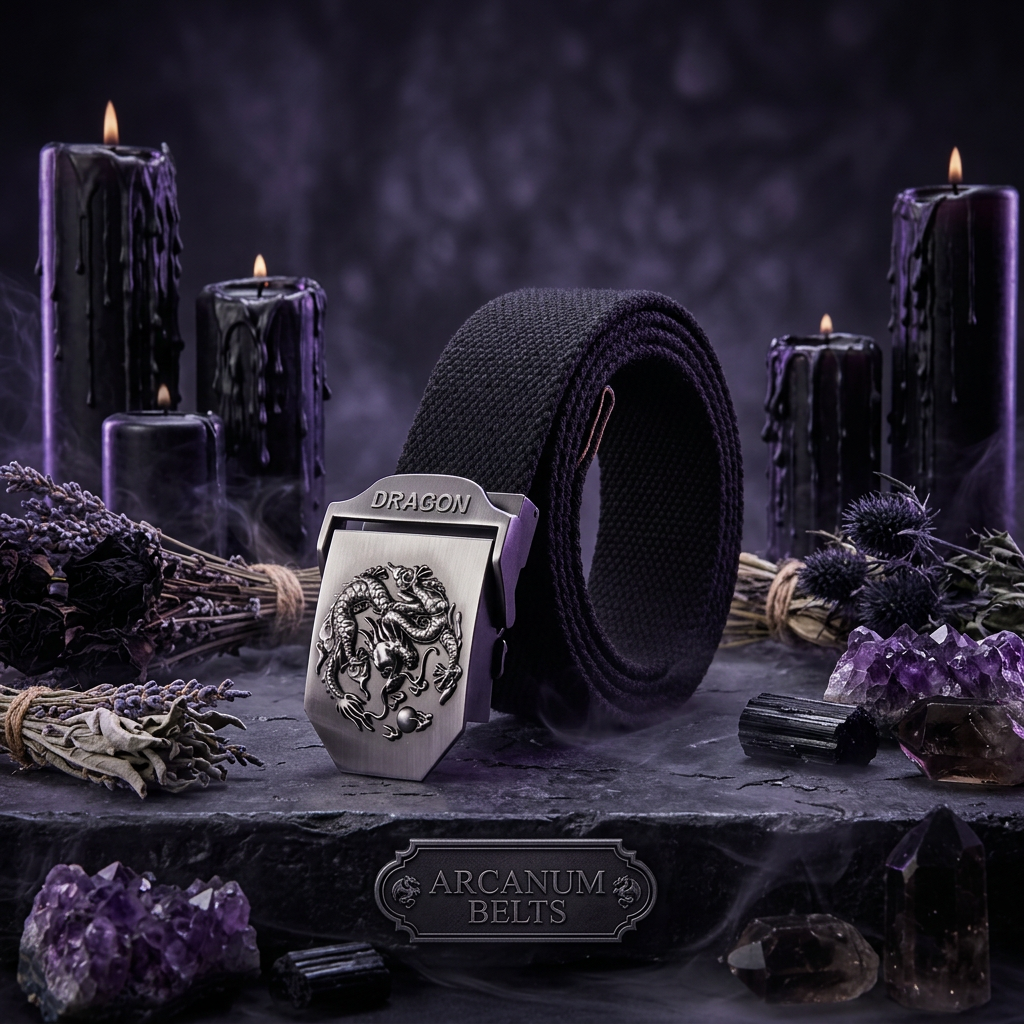 A black woven canvas belt with a silver-toned metal buckle featuring an embossed dragon design and the word 'DRAGON' on the front, shown on a white background.