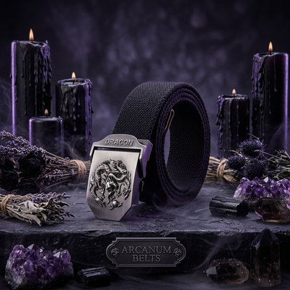 A black woven canvas belt with a silver-toned metal buckle featuring an embossed dragon design and the word 'DRAGON' on the front, shown on a white background.
