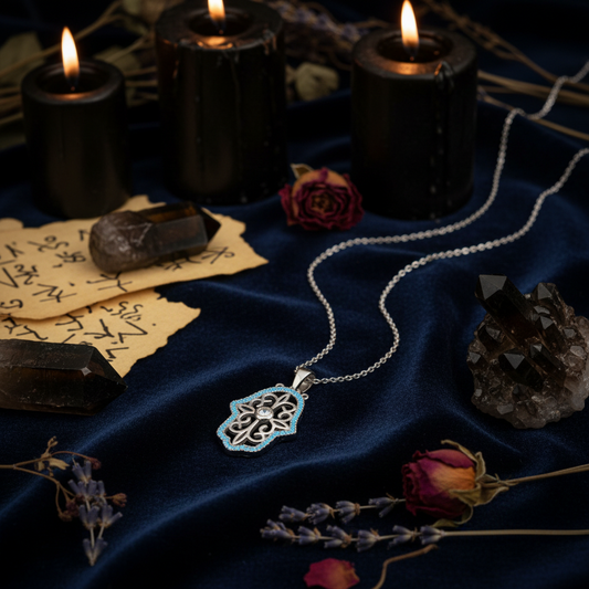 Silver necklace with a Hamsa hand pendant on a dark background