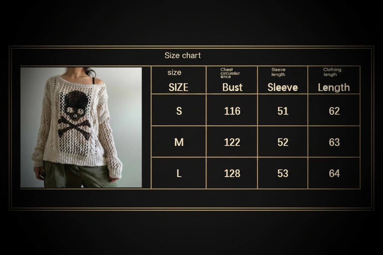 A size chart graphic showing a model wearing a chunky knit sweater with a skull graphic, next to a sizing table with measurements for S, M, and L.