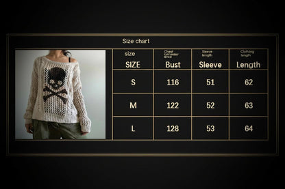 A size chart graphic showing a model wearing a chunky knit sweater with a skull graphic, next to a sizing table with measurements for S, M, and L.