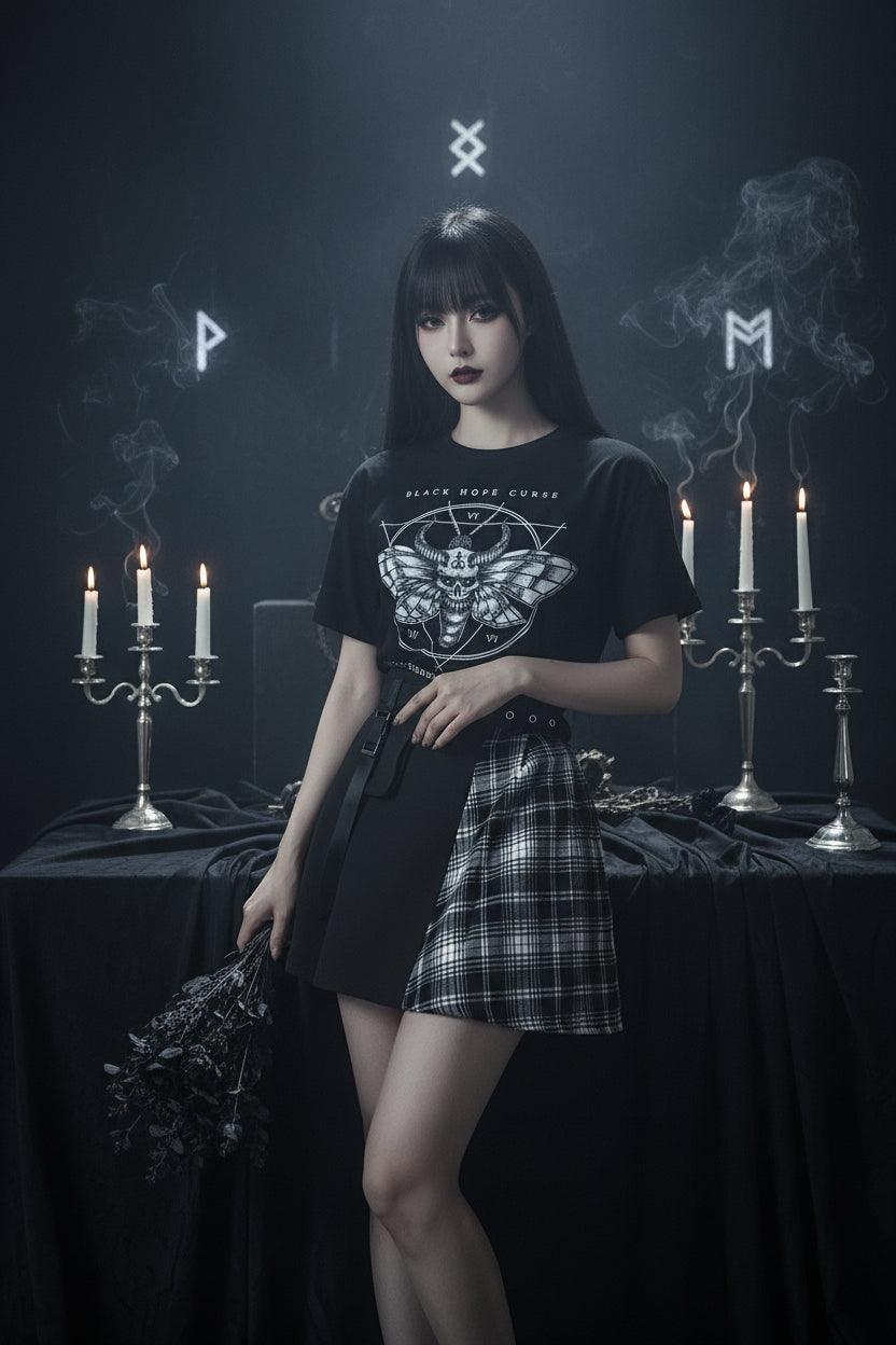 Woman wearing a black t-shirt with graphic design and plaid skirt, sitting on a chair.