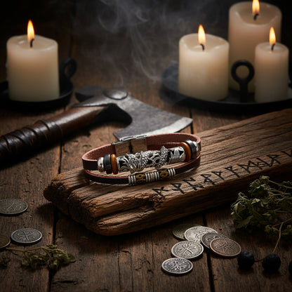 Leather bracelet with decorative beads on a dark background