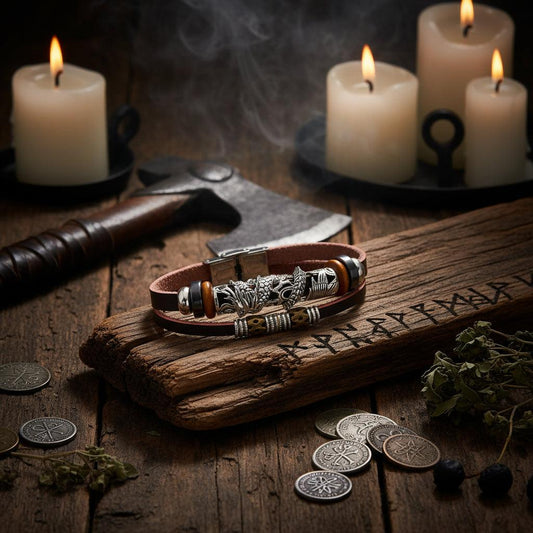 Leather bracelet with decorative beads on a dark background