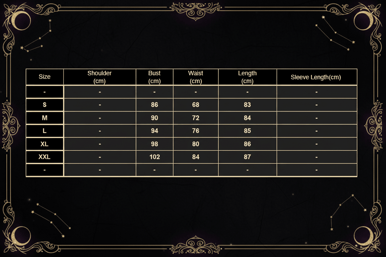 A size chart table with columns for Size, Shoulder (cm), Bust (cm), Waist (cm), Length (cm), and Sleeve Length (cm), listing sizes S through XXL with corresponding measurements.